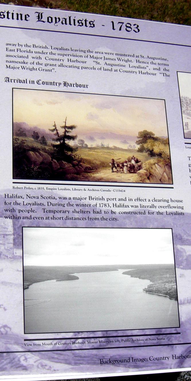 Country Harbour: Loyalist Trail roadside park, center interpretative panel