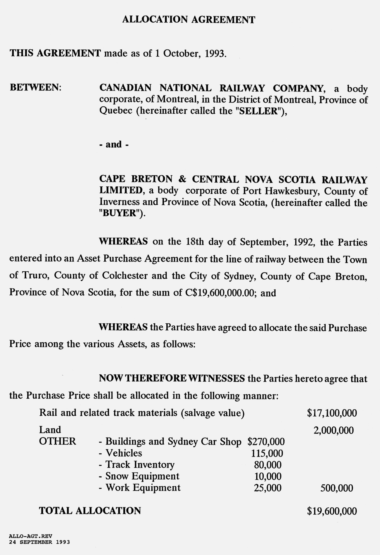CB&CNSR, Agreed Allocation of Purchase Price, October 1993