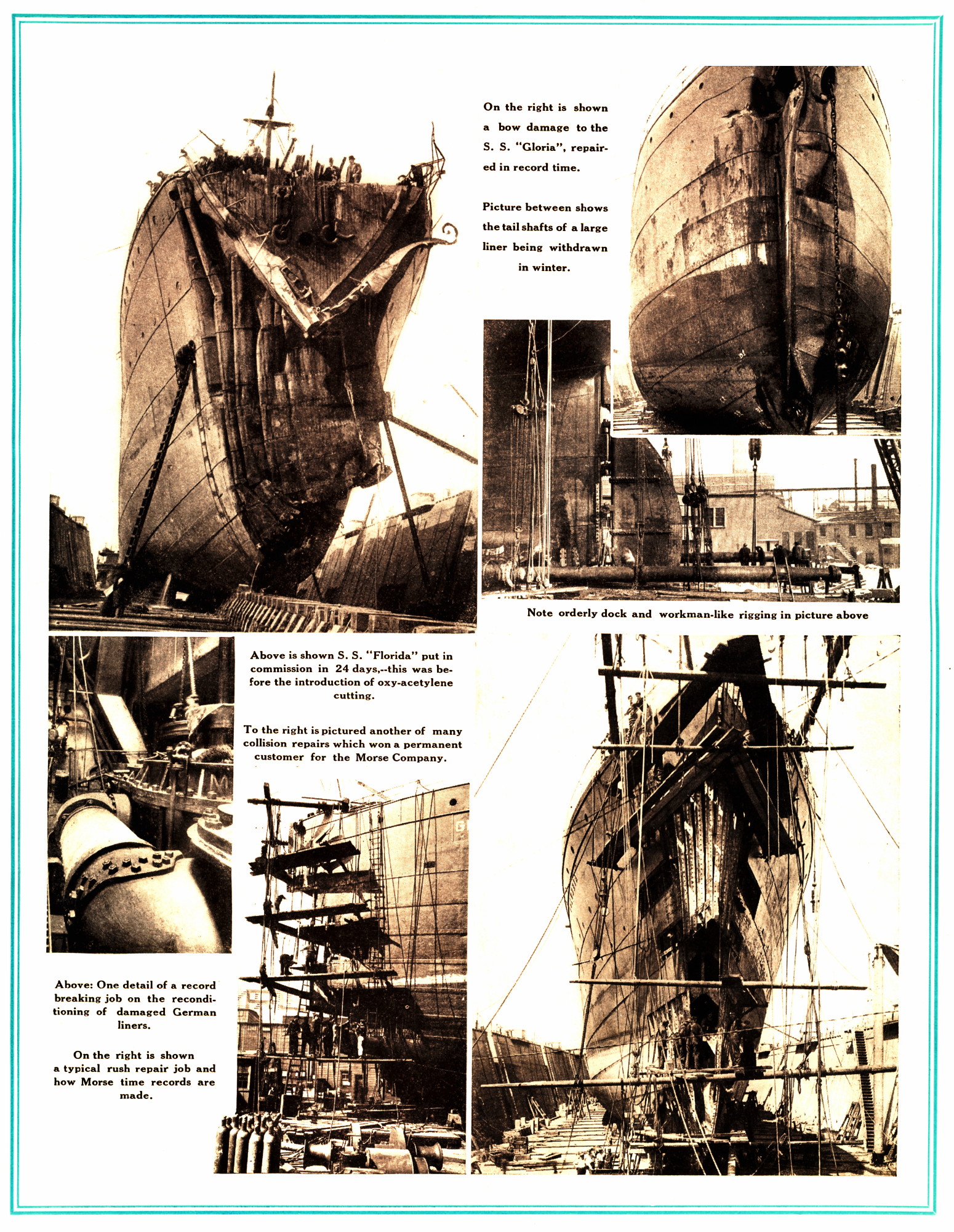 Edward P. Morse: [page 20] “Maintaining Ships and Dividends” (management philosophy)
— Photographs, Typical ship repair jobs at the Morse Dry Dock & Repair Company