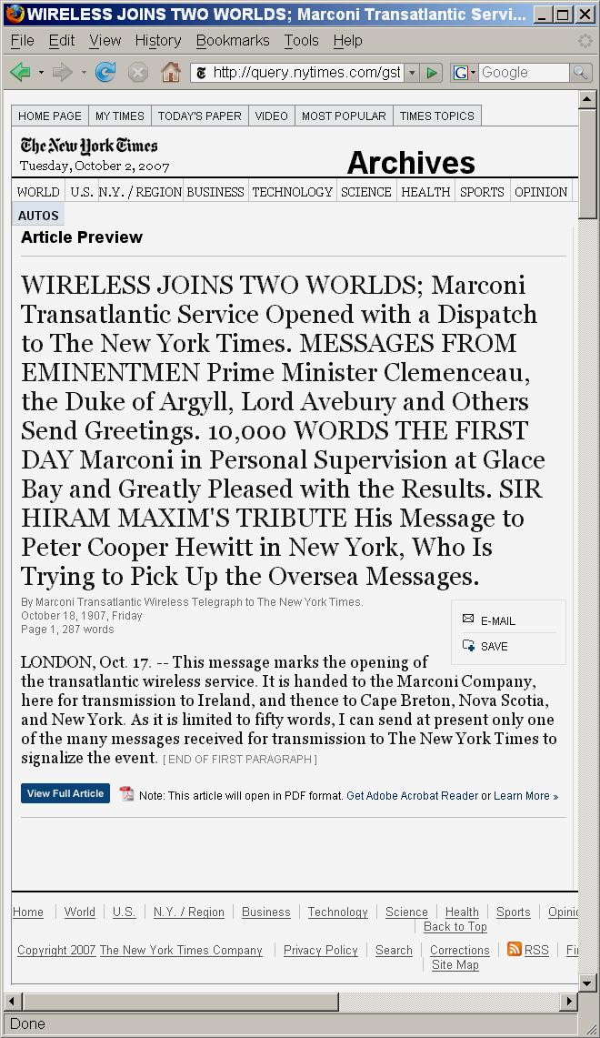 Marconi Transatlantic Wireless Telegraph, 18 October 1907