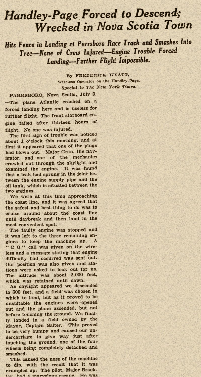 Parrsboro: Handley-Page airplane wrecked in Nova Scotia town, NY Times, 6 July 2019