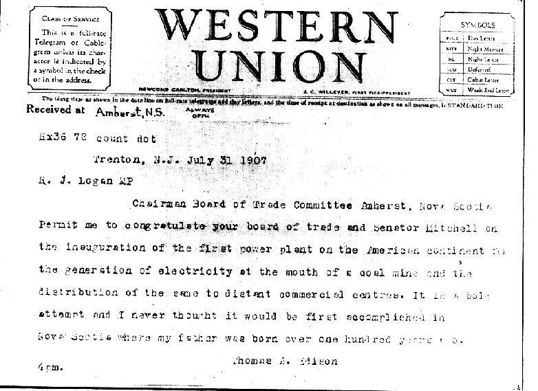 Reproduction of the Edison telegram as received in Amherst, 31 July 1907