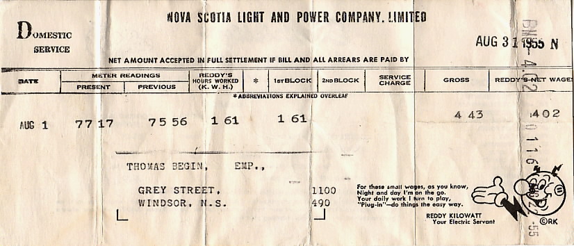 Nova Scotia Light and Power Company bill, August 1955, front Front: Nova Scotia Light and Power Company bill, August 1955
