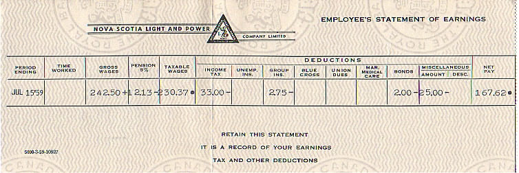 Nova Scotia Light and Power Company paycheque stub, 15 July 1959 Nova Scotia Light and Power Company paycheque stub, 15 July 1959