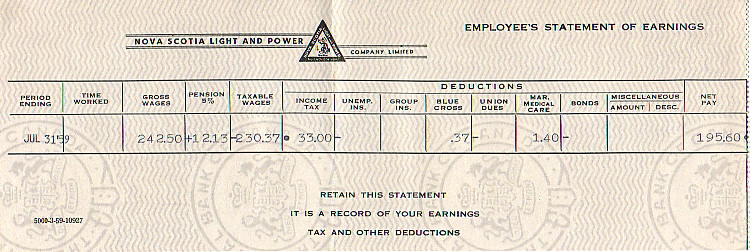 Nova Scotia Light and Power Company paycheque stub, 31 July 1959 Nova Scotia Light and Power Company paycheque stub, 31 July 1959
