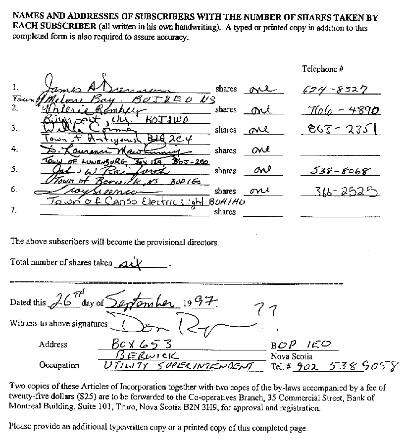 Nova Scotia: 1997 Shareholders list, Municipal Electric Utilities Cooperative