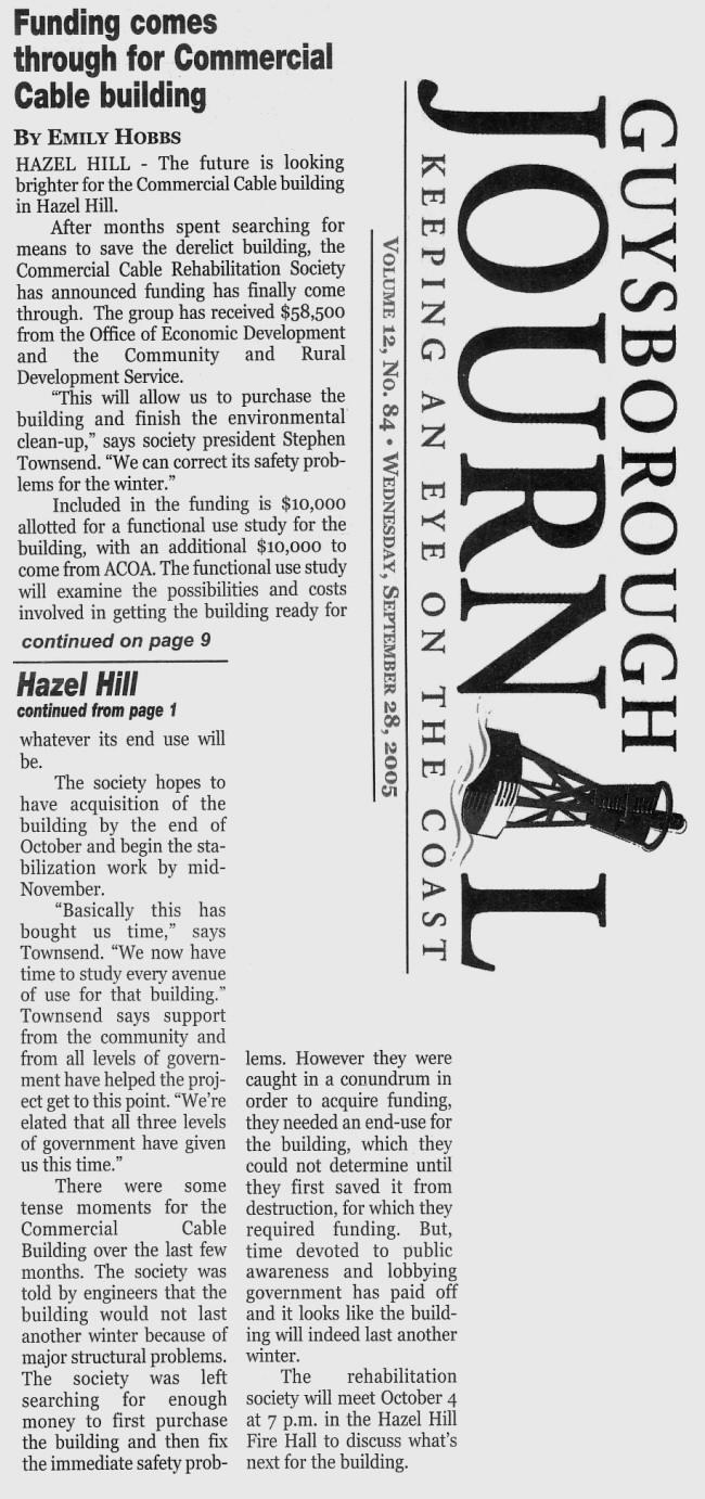 Funding comes through for the Commercial Cable building: Guysborough Journal, 28 Sep. 2005