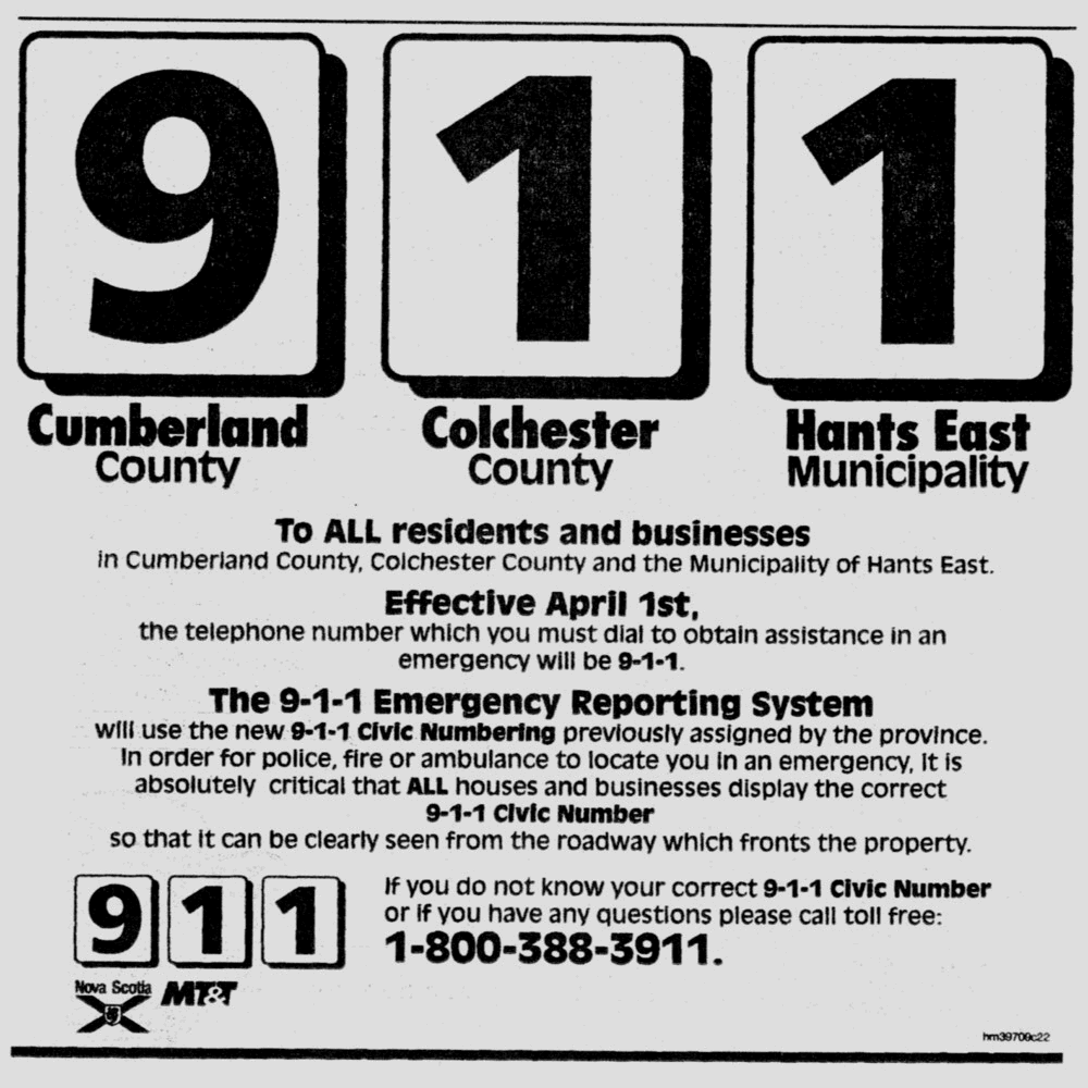 Announcement of the new 911 emergency telephone system in Cumberland and Colchester Counties, and East Hants Municipality, March 1996