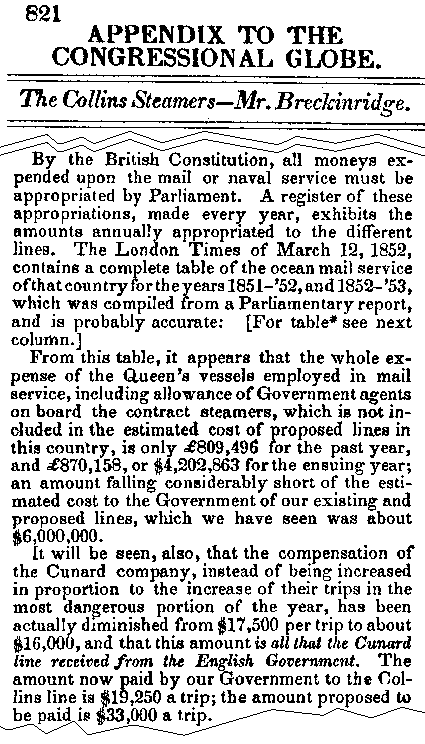 July 3, 1852: Cunard excerpts from J.C. Breckinridge's speech, page 821 column 2