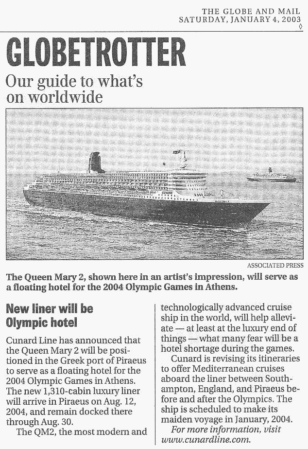 Cunard's new Queen Mary 2 to house Olympic athletes