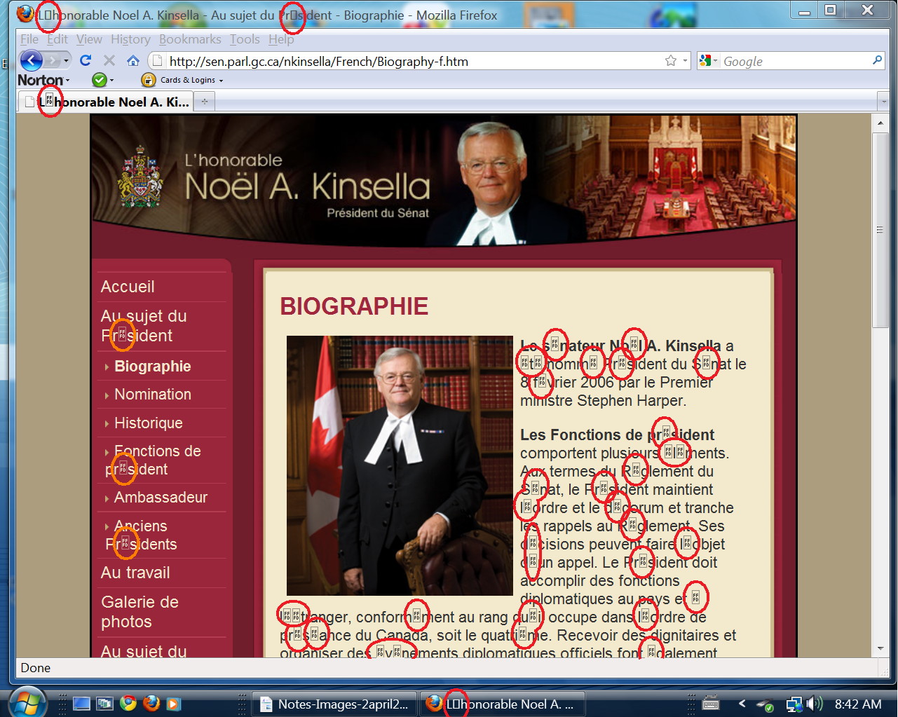 Senate Speaker's website as it appeared in April 2010 (displayed in contemporary Firefox browser), riddled with coding mistakes – attributable to the Senate's use of obsolete website management software