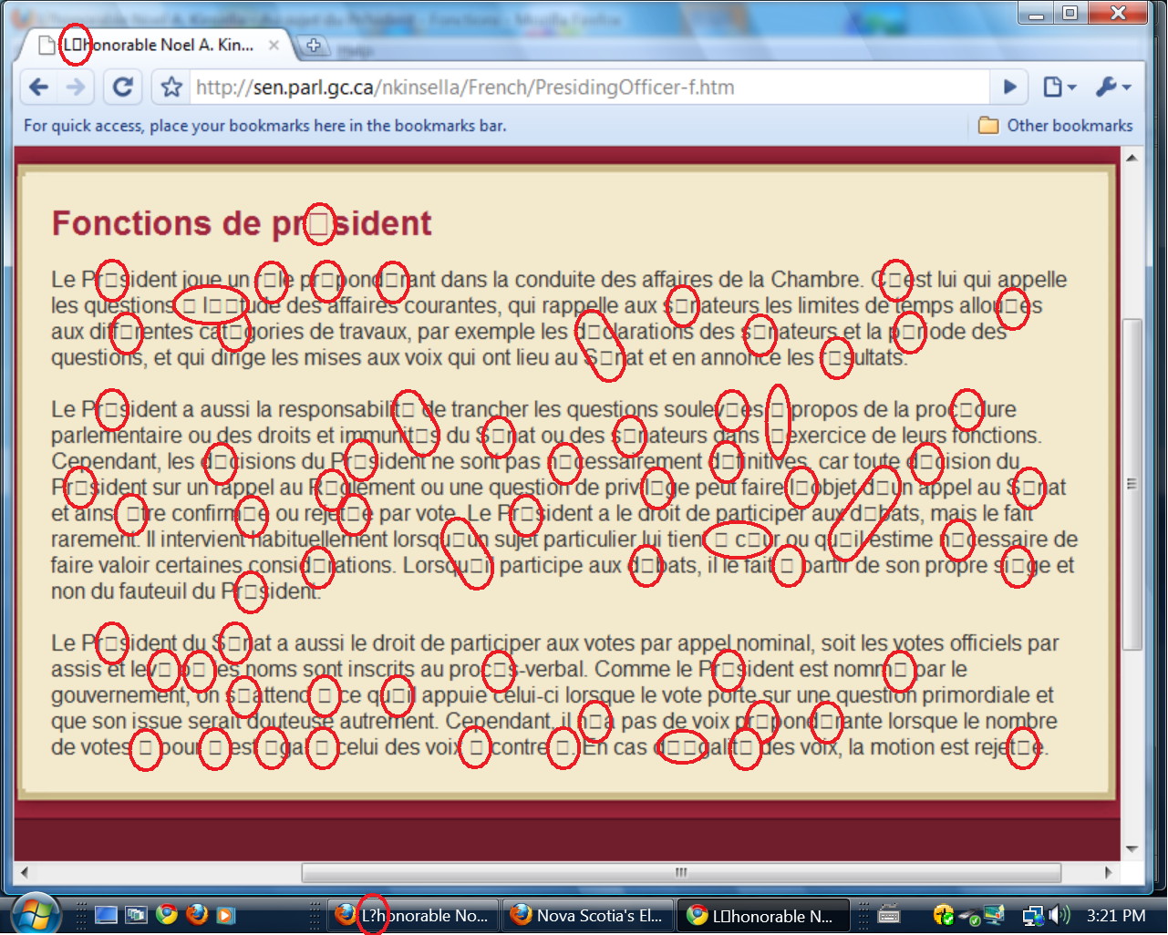 Senate Speaker's website as it appeared in April 2010 (displayed in contemporary Chrome browser), riddled with coding mistakes – attributable to the Senate's use of obsolete website management software
