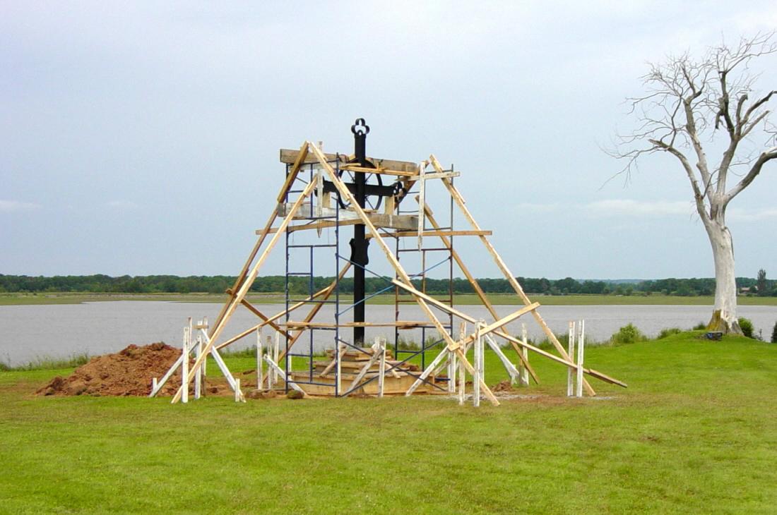 Horton Landing: The Iron Cross being installed at its new location