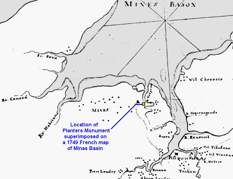 Location of the Planters monument superimposed on a 1749 French map