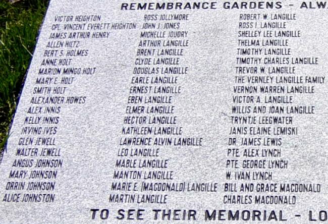 River John: Legion Remembrance Gardens, east stone left side