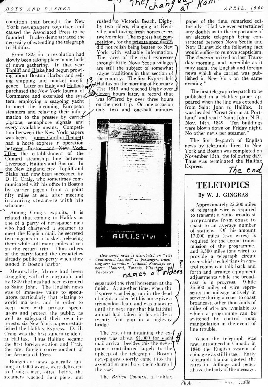 Canadian National Telegraphs, April 1940, Nova Scotia Pony Express