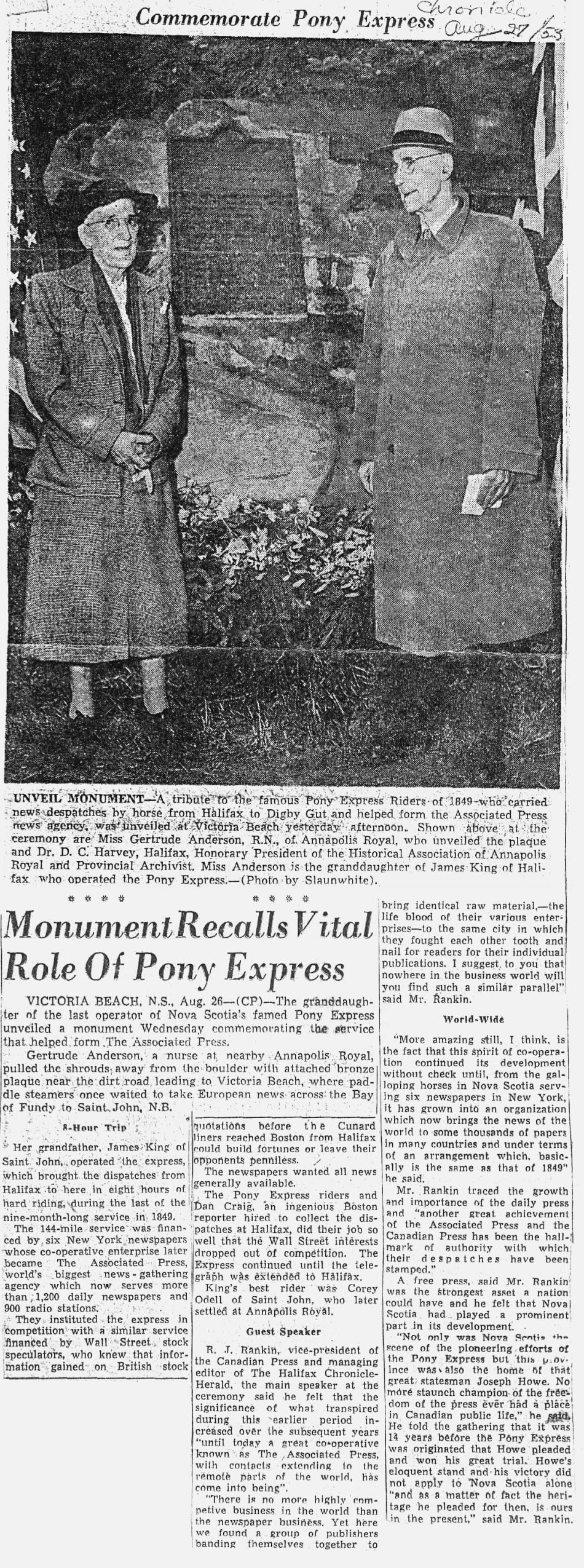 Nova Scotia Pony Express, Halifax Chronicle-Herald, 27 August 1953