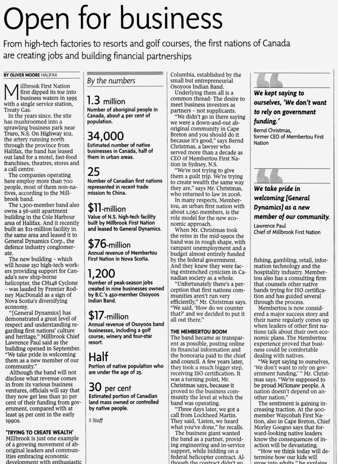 Nova Scotia Quotes: Open for Business, Globe and Mail, 12 Dec 2008