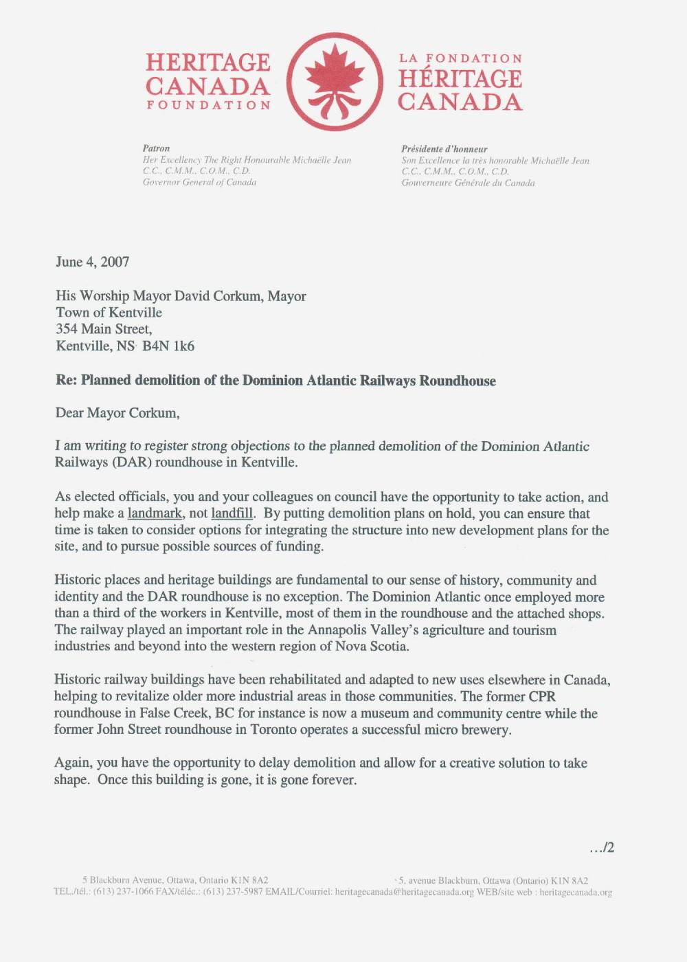 Heritage Canada opposes Kentville roundhouse demolition, 4 June 2007, page 1