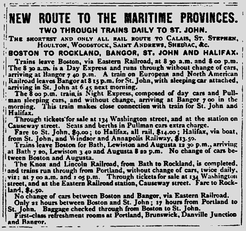 1873: Daily passenger train service between Nova Scotia and New England
