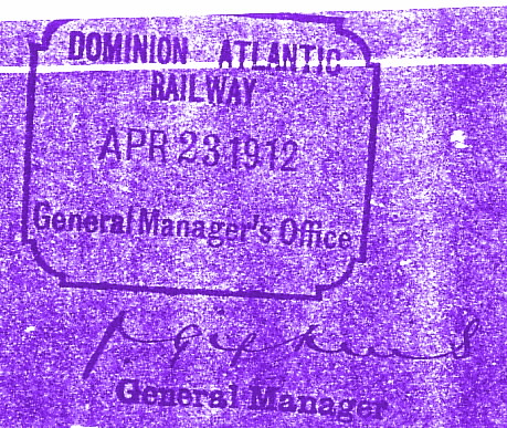 Nova Scotia: North Mountain Railway, Crossings at Public Roads, April 1912, General Manager's stamp