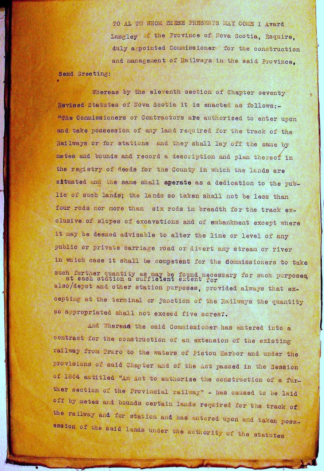 Pictou Extension Railway, Nova Scotia: Page 1, document dated 5 May 1866