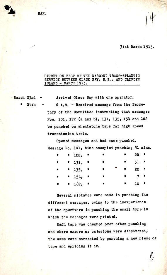 March 1913 Test Report page 1: Marconi Transatlantic Wireless Telegraph Service