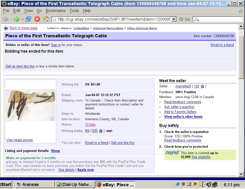 Cabot Strait cable relics For Sale, January 2007